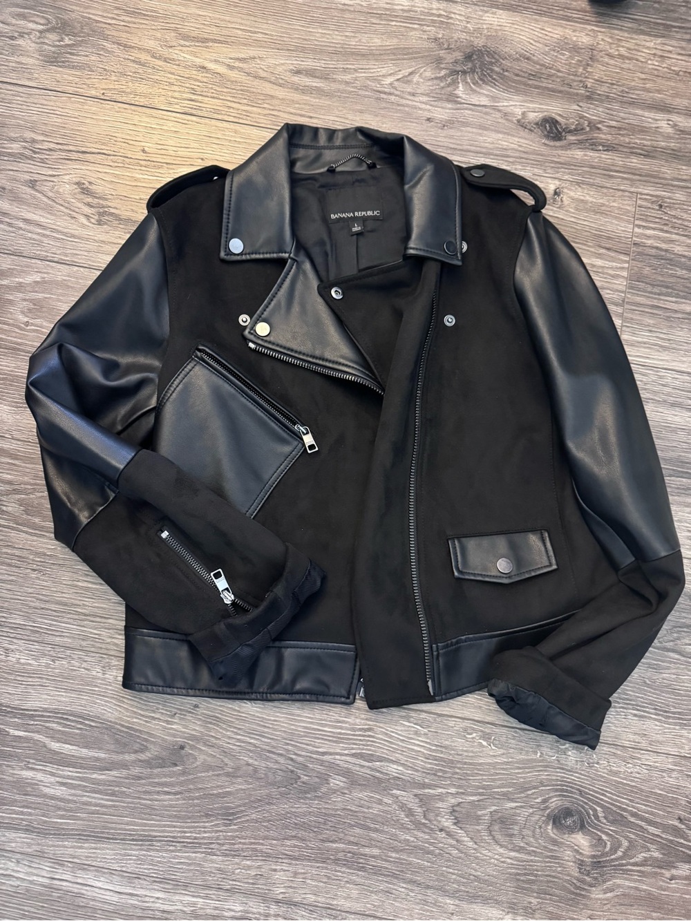 Banana Republic Black Mixed-Media Faux Leather Bomber Jacket